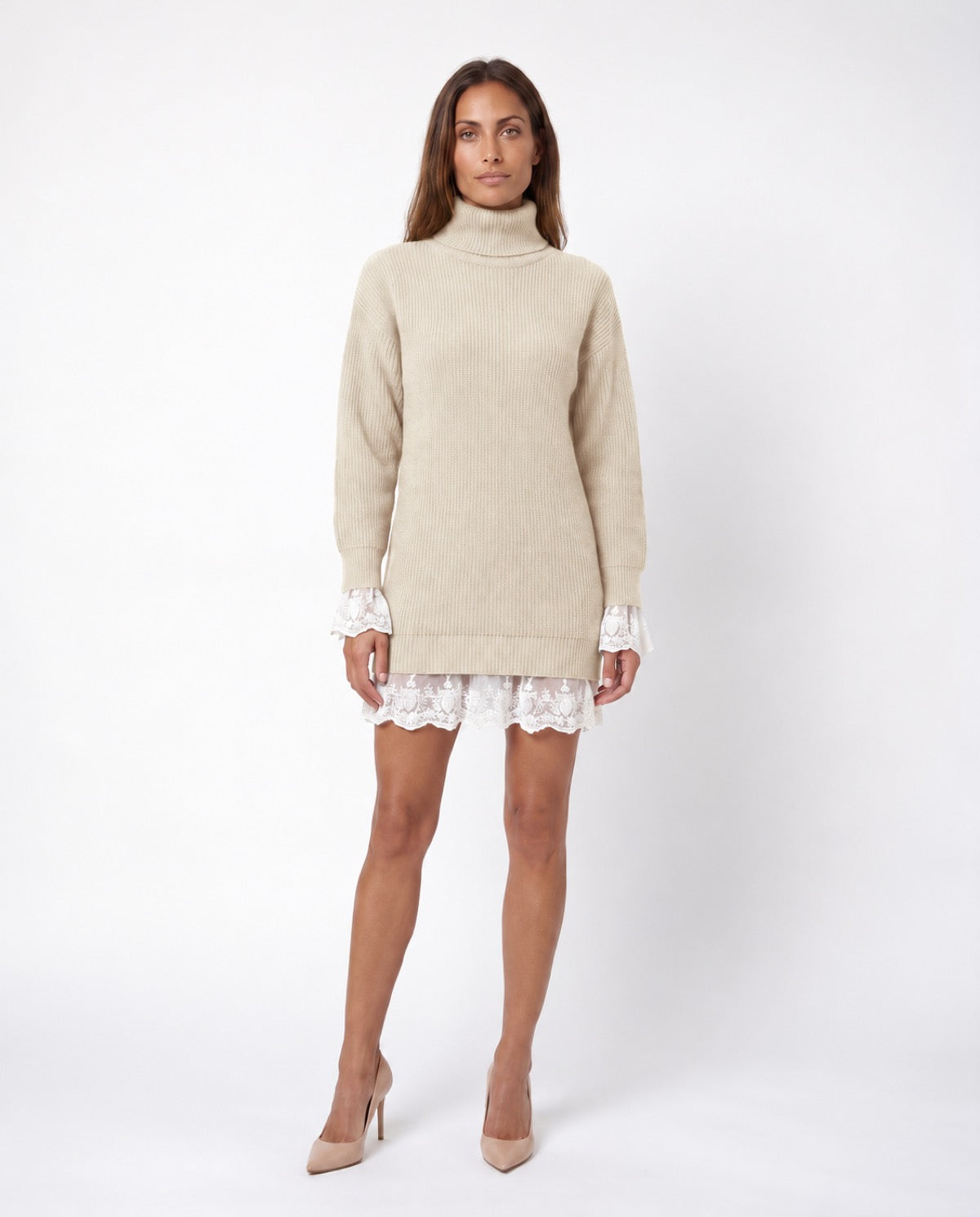 Vestido de punto Séraphine beige claro, vista frontal con modelo